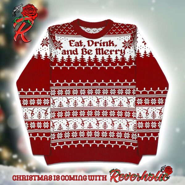 Dave Matthews Band Holiday 2024 Eat Drink And Be Merry Christmas Knitted Red Ugly Christmas Sweater