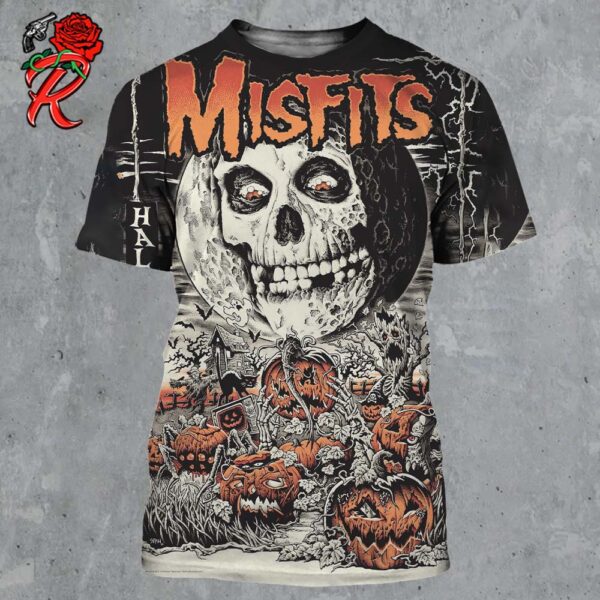 Misfits Halloween Day 2024 Poster Signature Skull Moon With Horror Pumpkin Garden Art All Over Print Shirt