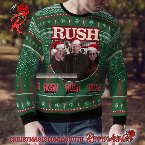 Rush Band Funny Photo With Santa Hat Happy Holiday Knitted Green Ugly Christmas Sweater