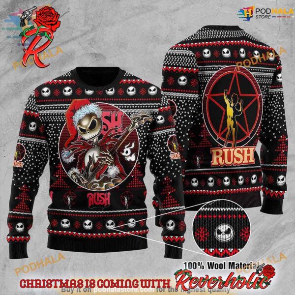 Rush Band Jack Skelington Santa Clause Playing Guitar Xmas Gift For Fans Ugly Christmas Sweater