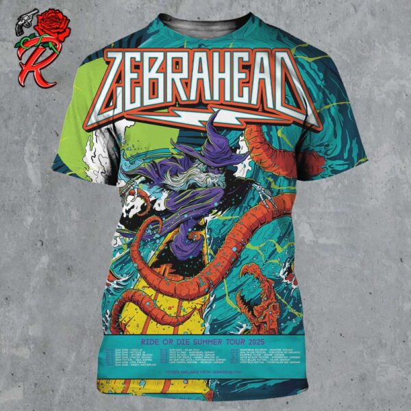 Zebrahead Ride Or Die Summer Tour 2025 Tour Date Schedule List Surfing Witch Vesus Kraken Artwork All Over Print Shirt