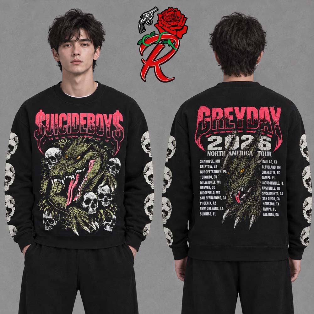 Suicideboys Greyday 2026 Tour Merch Crocodile Two Sided Long Sleeve Shirt Suicideboys Greyday 2026 Tour Merch Crocodile Two Sided Long Sleeve Shirt