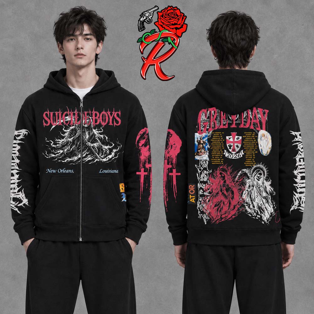 Suicideboys New Orleans Louisiana Greyday 2026 Tour Merch Grim Reaper Black Zip Up Hoodie Shirt Suicideboys New Orleans Louisiana Greyday 2026 Tour Merch Grim Reaper Black Zip Up Hoodie Shirt