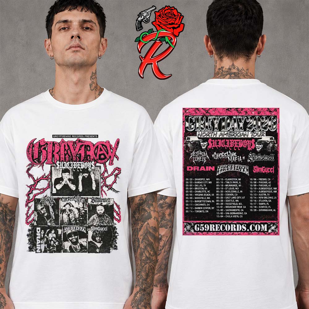Suicideboys North American Greyday 2026 Tour Merch Lineup Photo White T-Shirt Suicideboys North American Greyday 2026 Tour Merch Lineup Photo White T-Shirt